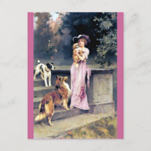 Victorian lady with dog pets postcard