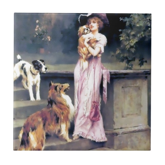 Victorian lady with dog pets tile (Front)