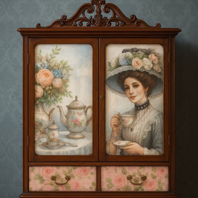 Victorian Lady with Floral Hat Tea Party  Tissue Paper (Victorian cabinet mockup with decoupage styled to spark creative ideas for elegant home decor.)