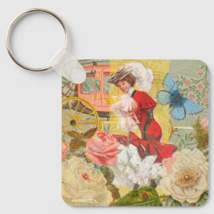 Victorian Lady Woman Elegant Rich Red Illustration Keychain