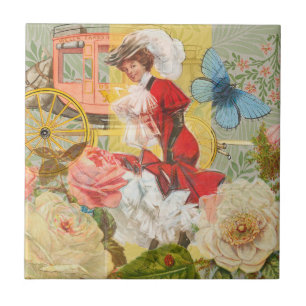 Victorian Lady Woman Elegant Rich Red Illustration Tile