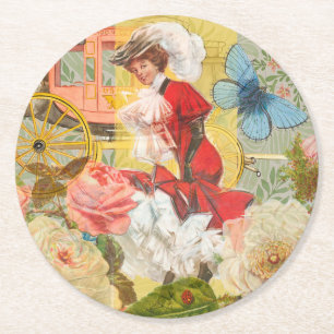 Victorian Lady Woman Fun Carriage Round Paper Coaster
