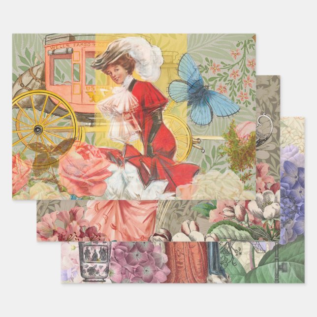 Victorian Lady Woman Fun Carriage Wrapping Paper Sheet (Set)