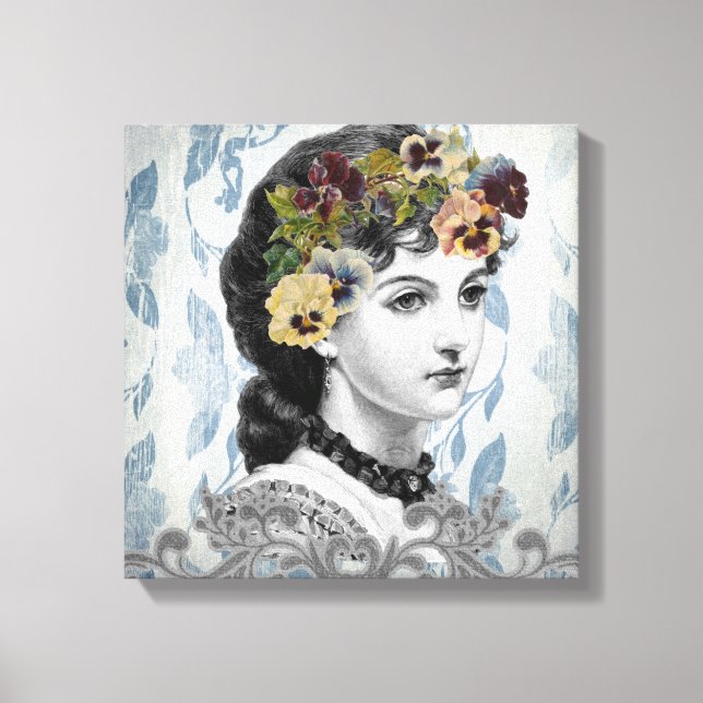 Victorian Lady Woman Pansies on Tapestry Canvas Print (Front)