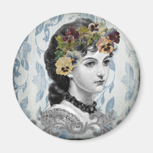 Victorian Lady Woman Pansies on Tapestry Magnet
