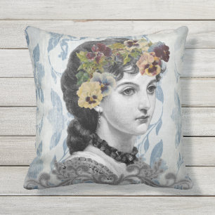 Victorian Lady Woman Pansies on Tapestry Outdoor Pillow