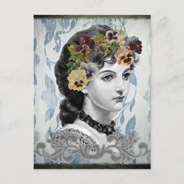 Victorian Lady Woman Pansies on Tapestry Postcard (Front)