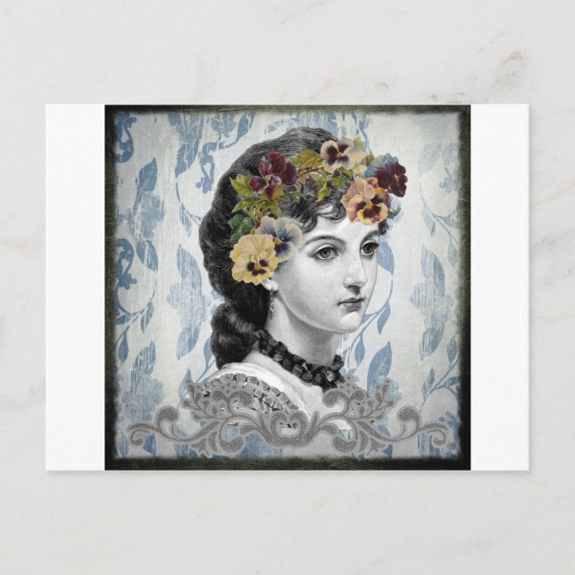 Victorian Lady Woman Pansies on Tapestry Postcard (Front)