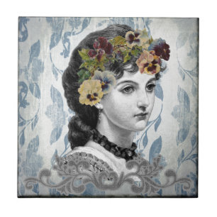 Victorian Lady Woman Pansies on Tapestry Tile