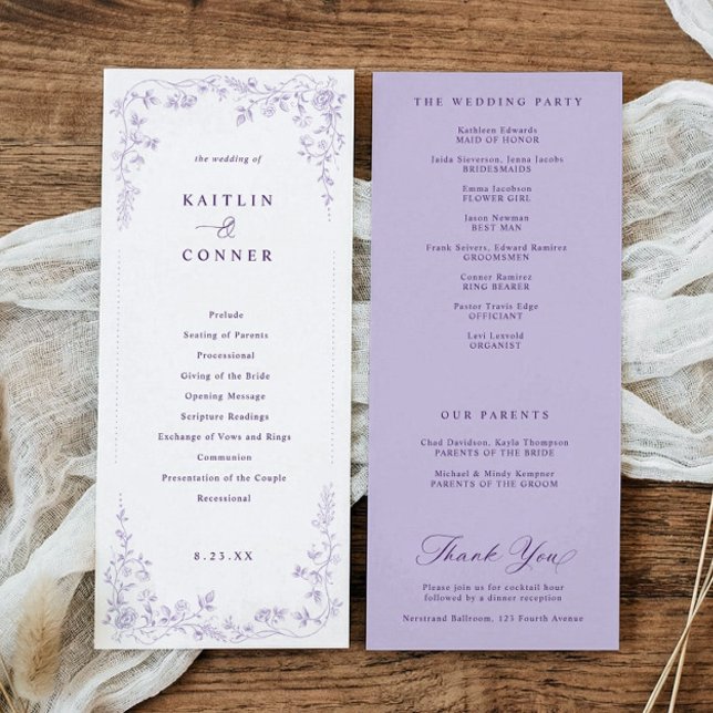 Victorian Lavdender Purple French Floral Wedding Program (Lavender wedding program with vintage French chinoiserie floral elements)