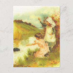 Victorian little girls playing by a stream postcard