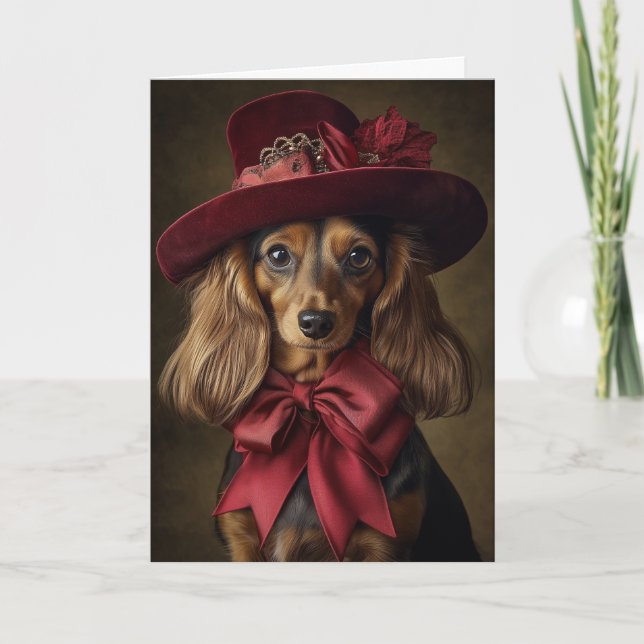Victorian Long Haired Dachshund Christmas Holiday Card (Front)
