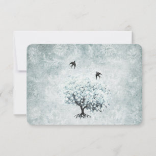 Victorian Love Bird Blue Damask Heart Leaf Tree RSVP Card