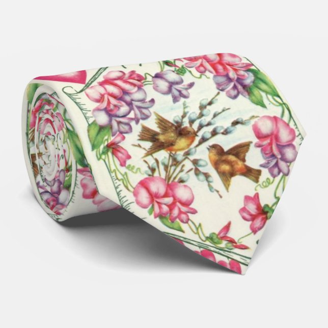 Victorian Love Birds Vintage Valentine's Day  Tie (Rolled)