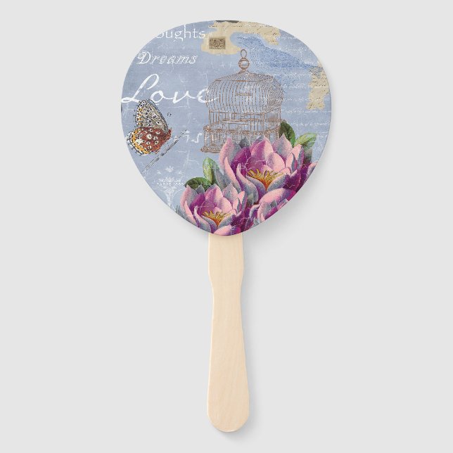Victorian Love Thoughts Dreams Butterfly Bird Cage Hand Fan (Front)