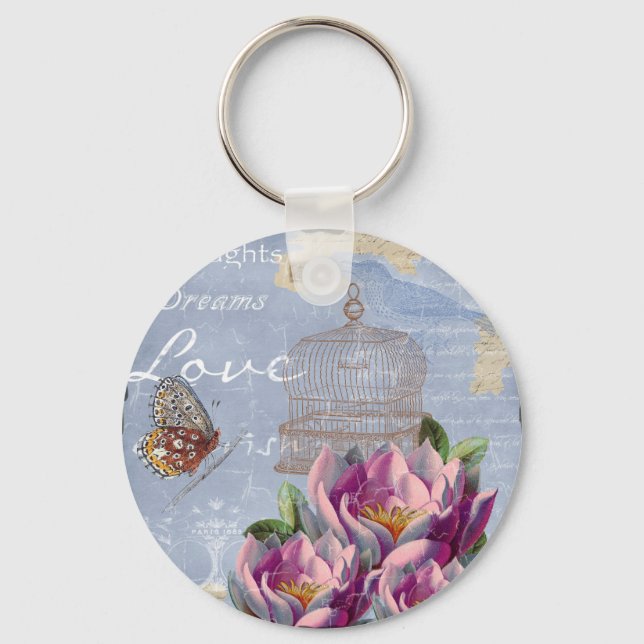 Victorian Love Thoughts Dreams Butterfly Bird Cage Keychain (Front)