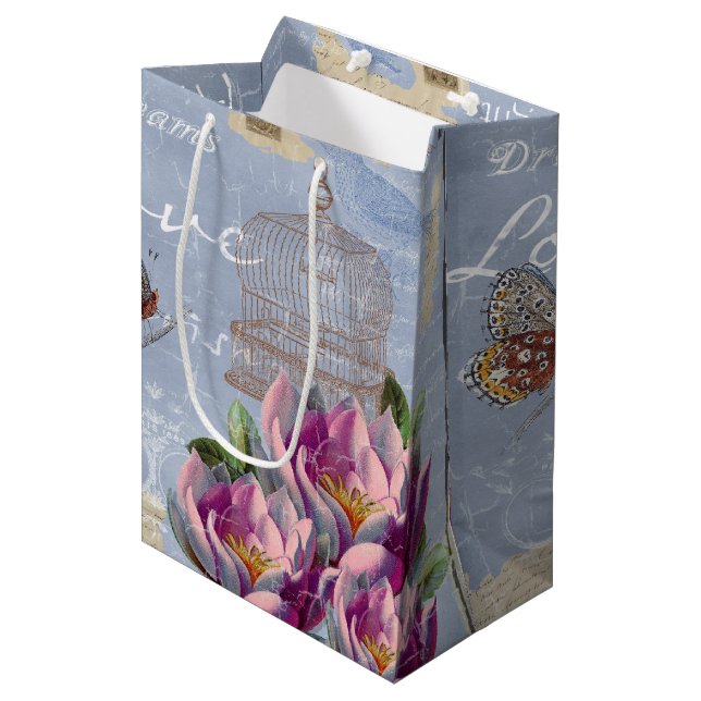 Victorian Love Thoughts Dreams Butterfly Bird Cage Medium Gift Bag (Front Angled)
