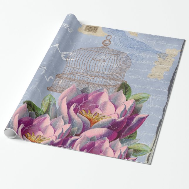 Victorian Love Thoughts Dreams Butterfly Bird Cage Wrapping Paper (Unrolled)