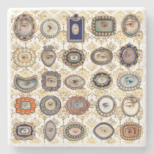 Victorian Lover's Eye in whiteand gold damask Stone Coaster