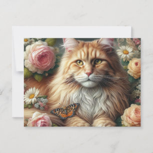 Victorian Maine Coon Cat with Pink Roses Postcard