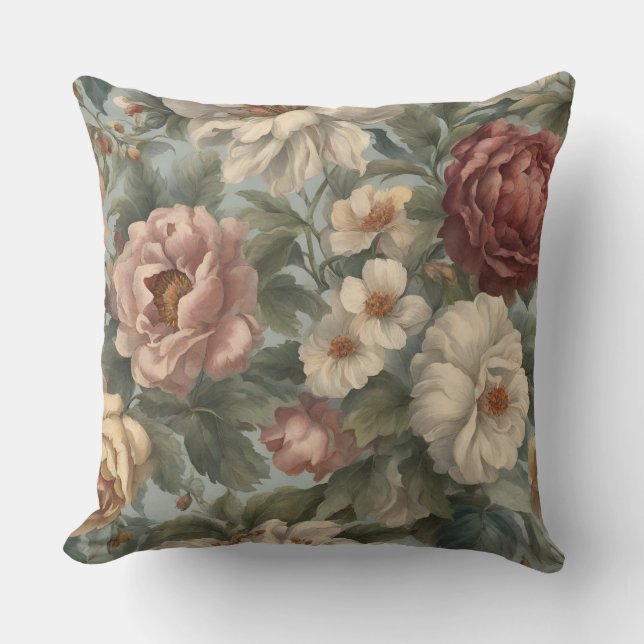 Victorian Mauve Blue Sage Floral Throw Pillow (Front)