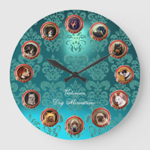 VICTORIAN MINIATURE DOG PORTRAITS Teal Blue Damask Large Clock