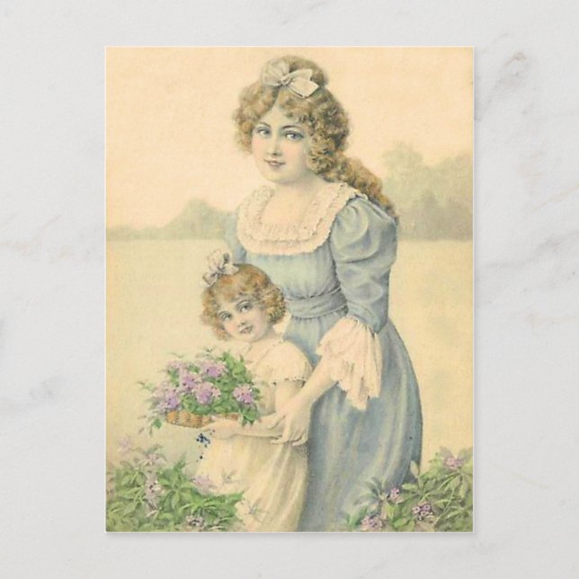 Victorian Mom Daughter Picking Flowers Mother'sDay Postcard (Front)