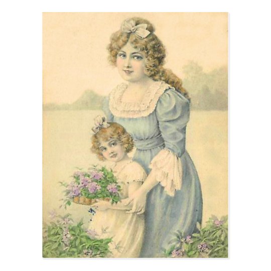 Victorian Mom Daughter Picking Flowers Mother'sDay Postcard