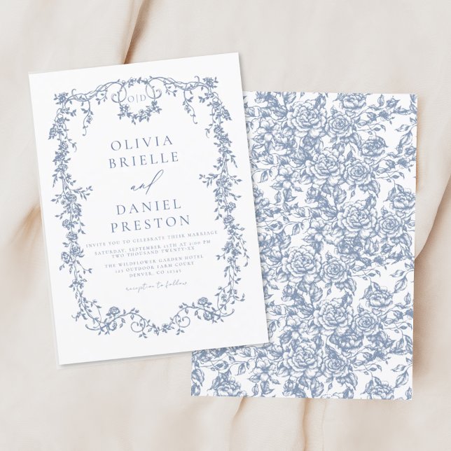 Victorian Monogram French Blue Floral Wedding Invitation (Creator Uploaded)