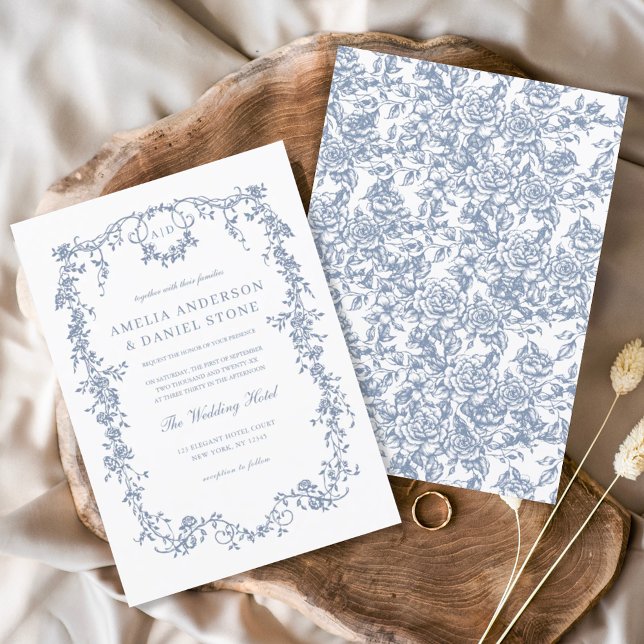 Victorian Monogram French Blue Floral Wedding Invitation (Creator Uploaded)