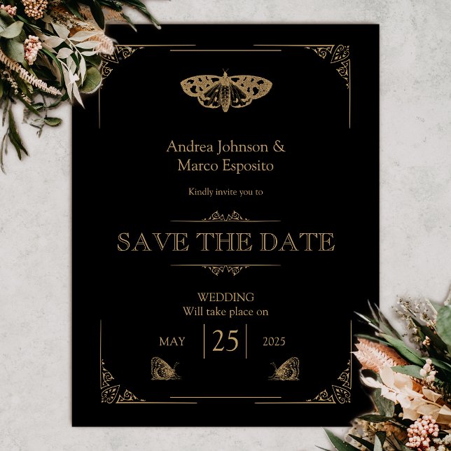 Victorian Moth Black Gothic Wedding Save the Date (Gothic Moth Tattoo Wedding Save the date Vintage)