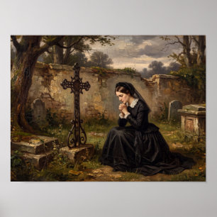 Victorian Mourning Woman Praying in Churchy Poster