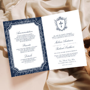 Victorian Navy Blue Catholic QR Code Wedding Invitation