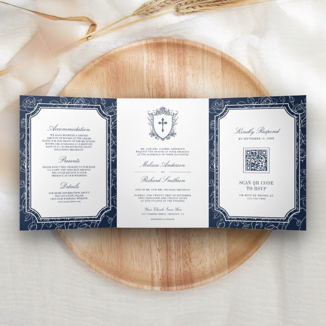 Victorian Navy Blue Catholic QR Code Wedding Tri-Fold Invitation (Creator Uploaded)