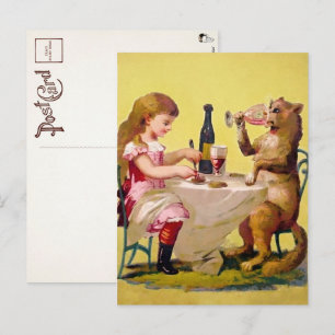 Victorian Odd Drinking Cat Postcard