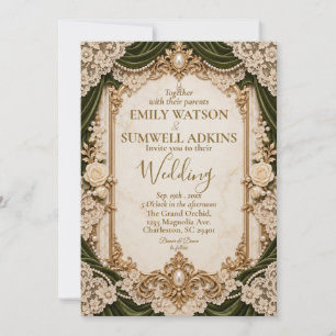 Victorian Olive Ivory Lace Gold Luxury Wedding Invitation