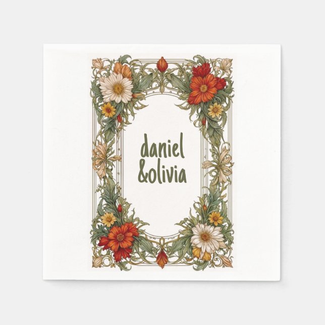 Victorian Ornate Border with Wildflower Wedding Napkin (Front)