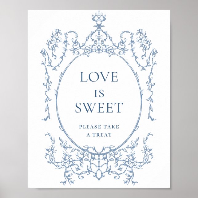 Victorian Ornate Dusty Blue Floral Love is Sweet Poster (Front)