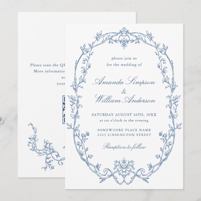 Victorian Ornate Floral Dusty Blue QR code Wedding Invitation (Front/Back)