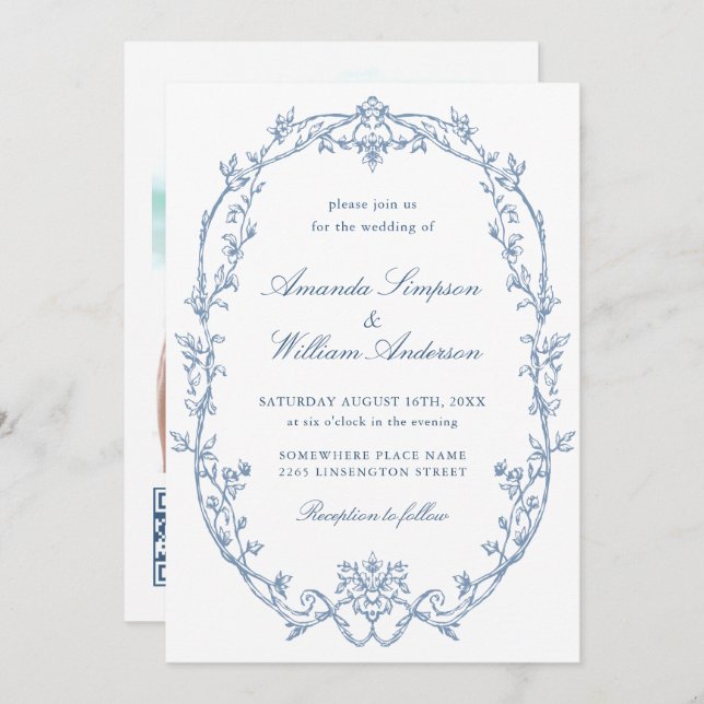 Victorian Ornate Floral Dusty Blue QR code Wedding Invitation (Front/Back)