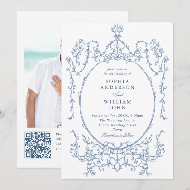 Victorian Ornate Floral Dusty Blue QR code Wedding Invitation (Front/Back)