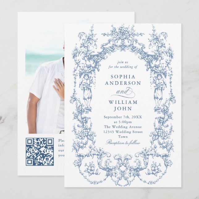 Victorian Ornate Floral Dusty Blue QR code Wedding Invitation (Front/Back)