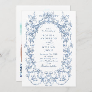 Victorian Ornate Floral Dusty Blue QR code Wedding Invitation