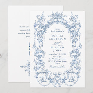 Victorian Ornate Floral Dusty Blue QR code Wedding Invitation