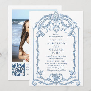 Victorian Ornate Floral Dusty Blue QR code Wedding Invitation