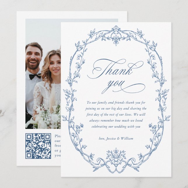 Victorian Ornate Floral Dusty Blue Wedding QR cod Thank You Card (Front/Back)