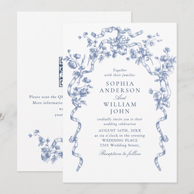 Victorian Ornate Floral Dusty Blue Wedding QR code Invitation (Front/Back)
