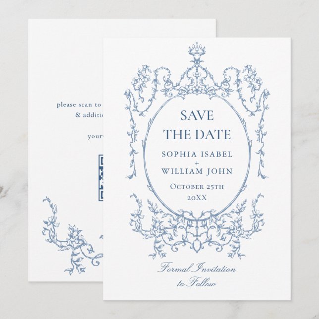 Victorian Ornate Floral Dusty Blue Wedding QR code Save The Date (Front/Back)