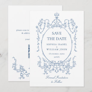 Victorian Ornate Floral Dusty Blue Wedding QR code Save The Date