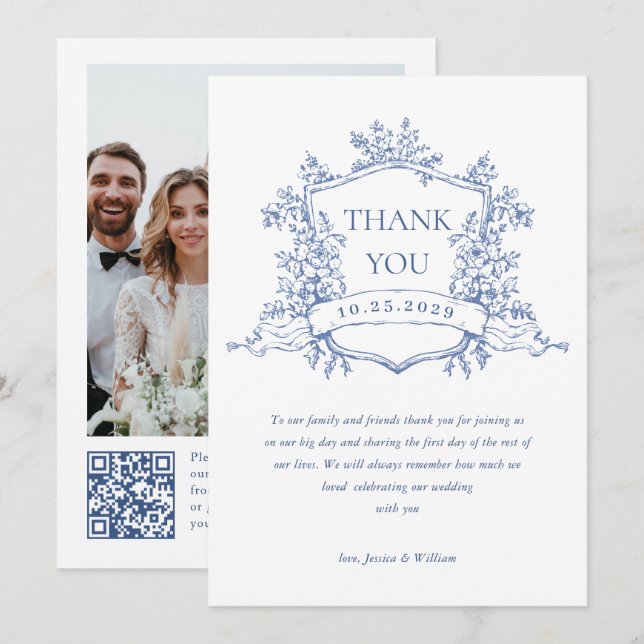 Victorian Ornate Floral Dusty Blue Wedding QR code Thank You Card (Front/Back)